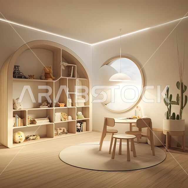 غرفة مكتبية للأطفال بتصاميم عصرية حديثة، شقق وفلل سكنية راقية في السعودية، أثاث منزلي وديكورات داخلية هادئة بتدرجات البيج، الفن الهندسي المعماري المتطور