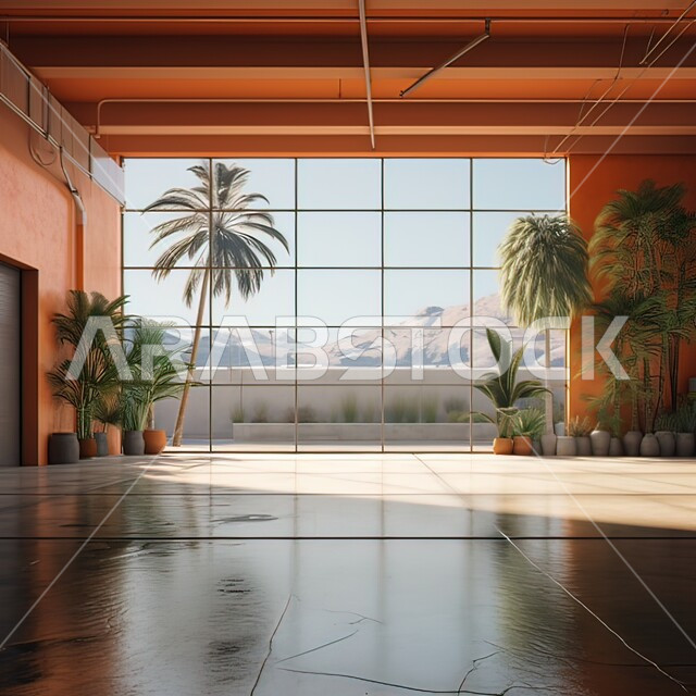 واجهه زجاجية كبيرة مطلة على الطبيعة الجبلية في وضح النهار، غرفة مكتبية مبلطة فارغه من الأثاث، تزيين الغرف بالنباتات والاشجار الخضراء، جدران باللون البرتقالي