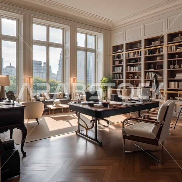 مكتب عمل بواجهه زجاجية مطلة على  الطبيعة الخضراء في وضح النهار، غرفة مكتبية بتصاميم داخلية وديكورات بيضاء راقية، الفن الهندسي المعماري، تصميم عصري حديث لمكاتب الشركات وغرف القراءة والجلوس.