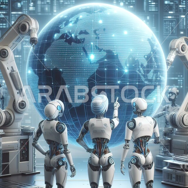 الابتكار والتحول الرقمي، تحقيق الثورة الصناعية، صورة من الخلف لمجموعة من الروبوتات البشرية تتناقش حول تطوير كوكب الارض, العلوم وتكنولوجيا الذكاء الاصطناعي، تحسين الانتاج باستخدام الالات والمعدات الذكيه في الصناعات الالكترونيه، رؤية مستقبلية سعودية 2030 