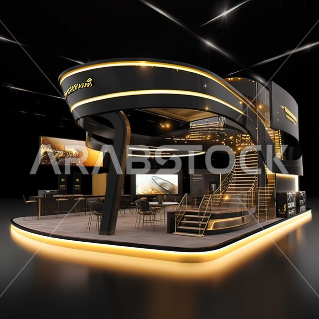  ديزاين داخلي لمعارض وأماكن تجارية متطورة, الفن الهندسي المعماري والديكورات الراقية للمنشآت في السعودية, منصة عرض باللون الذهبي والأسود,  تصاميم داخلية لشركات حديثة وعصرية