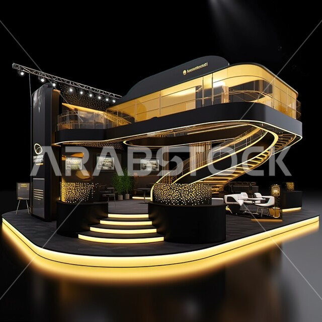  تصاميم داخلية لشركات حديثة وعصرية, ديزاين داخلي لمعارض وأماكن تجارية متطورة, الفن الهندسي المعماري والديكورات الراقية للمنشآت في السعودية, منصة عرض باللون الذهبي والأسود