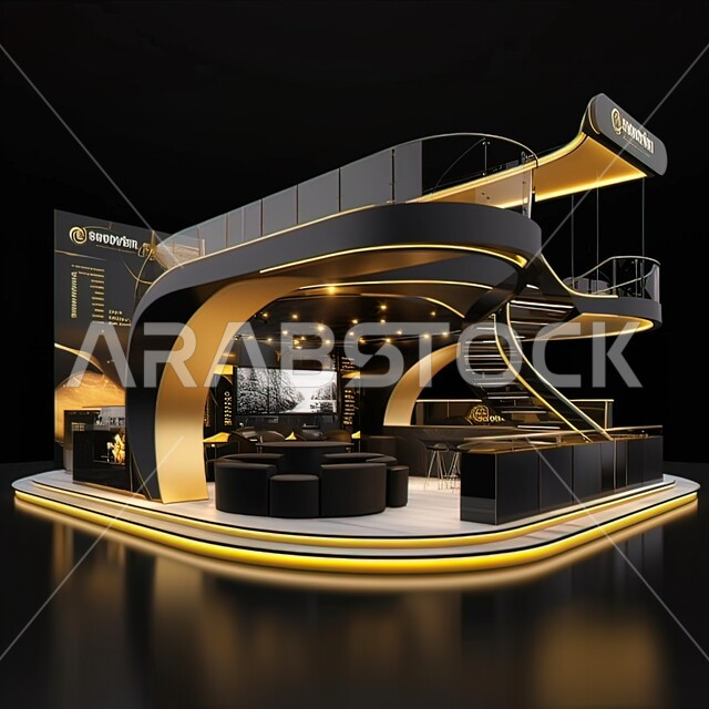 منصة عرض باللون الذهبي والأسود, تصاميم داخلية لشركات حديثة وعصرية, ديزاين داخلي لمعارض وأماكن تجارية متطورة, الفن الهندسي المعماري والديكورات الراقية للمنشآت في السعودية