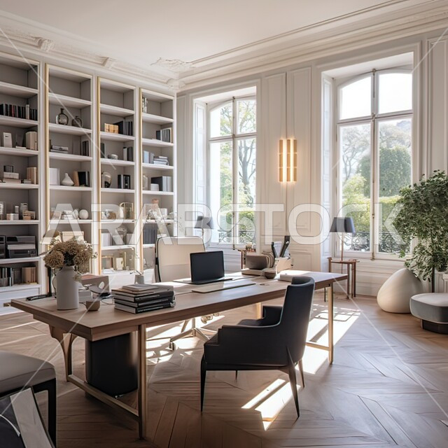 تصاميم عصرية حديثة لمكاتب الشركات السعودية، غرف مكتبية بتصميم داخلي وديكورات بيضاء راقية، الفن الهندسي المعماري، غرف القراءة والجلوس، مكتب عمل بواجهه زجاجية مطلة على الطبيعه الخضراء في وضح النهار