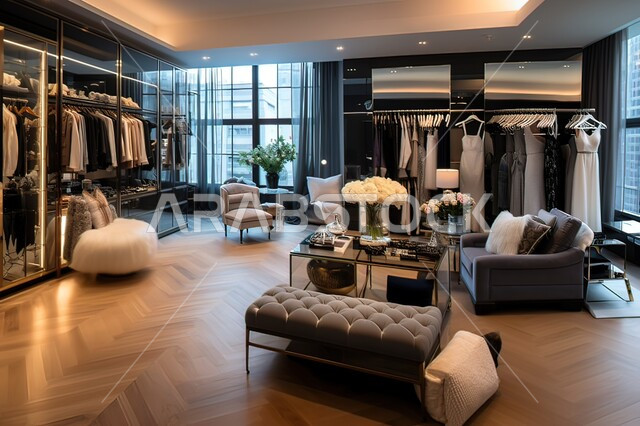  الديكورات والتصاميم الهندسية لمتاجر البيع والمراكز التجارية في السعودية، شقق وفلل سكنية راقية، الأثاث والمفروشات الفاخرة، تصميم داخلي لغرفة ترتيب الملابس في المنازل والشقق