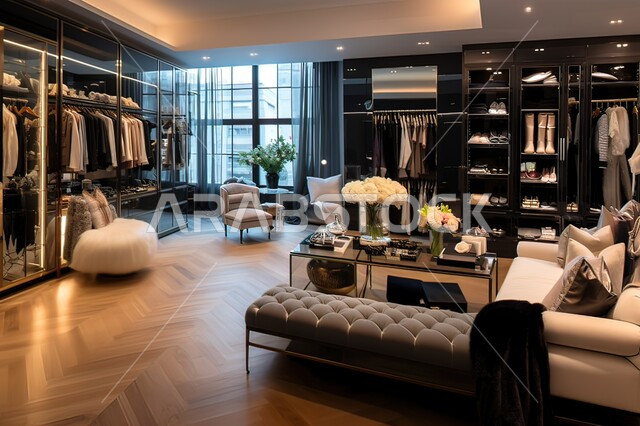 الأثاث والمفروشات الفاخرة، الديكورات والتصاميم الهندسية لمتاجر البيع والمراكز التجارية في السعودية، شقق وفلل سكنية راقية، تصميم داخلي لغرفة ترتيب الملابس في المنازل والشقق