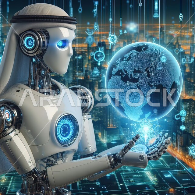 A modern and advanced robot with high technologies, achieving the industrial revolution, a close-up image of a human robot wearing a traditional ghutra, holding the planet Earth in its hands, working with technical plans, the big data network and digital transformation, innovation, science and artificial intelligence technology, a Saudi future vision 2030