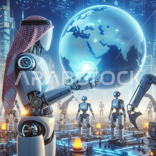 تحقيق الثورة الصناعية، صورة مقربة لروبوت بشري يرتدي الشماغ التقليدي يحمل بيديه كوكب الارض، العمل بمخططات تقنية, شبكة البيانات الضخمة والتحول الرقمي، الابتكار والعلوم وتكنولوجيا الذكاء الاصطناعي، رجل آلي حديث ومتطور بتقنيات عالية، رؤية مستقبلية سعودية 2030 