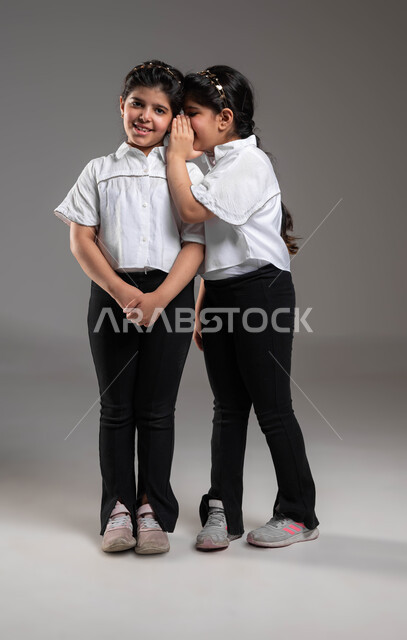 التحدث بصوت منخفض، ايماءات الانصات والتركيز بالكلام، بورتريه لفتاة عربية خليجية سعودية تهمس بإذن أختها التوأم، مفهوم الكتمان وحفظ الأسرار بين الشقيقات، صورة الجسم بالطول الكامل، خلفية رمادية