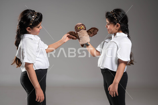 قضاء أوقات مسلية والاستمتاع بالأنشطة الترفيهية ، بورتريه مقرب لأختين توأم عربيتين خليجيتين سعوديتين مبتسمتين تقومان باللعب في دمية اليد القماشية، التدرب على العروض المسرحية، ايماءات وتعابير التفاعل والاندماج باللعب، خلفية رمادية