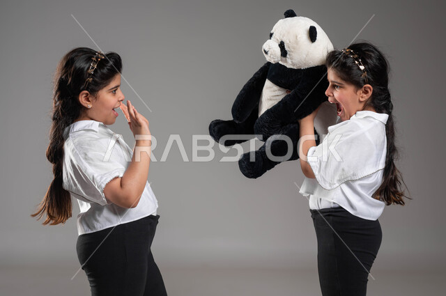 قضاء أوقات ممتعة ومسلية، بورتريه مقرب لأختين توأم عربيتين خليجيتين سعوديتين مبتسمتين تقومان باللعب في دمية دب الباندا القماشية، الاستمتاع بالأنشطة الترفيهية والألعاب، ايماءات وتعابير السعادة والسرور، خلفية رمادية