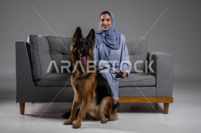 الاستمتاع باللعب واللهو مع الكلاب، العناية والرفق بالحيوانات المنزلية الأليفة، النظر إلى الكاميرا بإيماءات السرور والفرح، بورتريه لسيدة عربية خليجية سعودية مبتسمة محجبة ترتدي العباءة تجلس على الاريكة بجانب كلب الهاسكي البني الكبير، خلفية رمادية