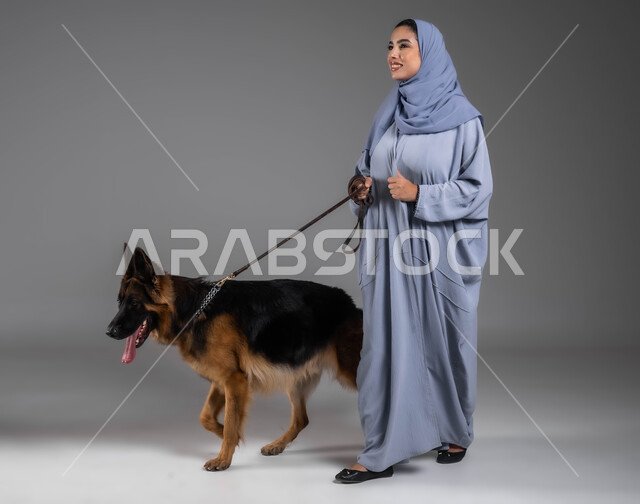 متعة التجول والمشي مع الكلاب، النظر الى الكاميرا بإيماءات السرور والسعادة، بورتريه لإمرأة عربية خليجية سعودية مبتسمة ترتدي العباءة والحجاب تقوم بمسك حبل المقود لكلب الهاسكي البني، اقتناء وتربية الحيوانات المنزلية والرفق بهم، صورة الجسم بالكامل، خلفية رمادية