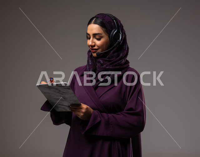 Following up and developing work, the concept of customer service, taking and recording notes and complaints, a close-up portrait of a veiled Saudi Arabian Gulf employee, smiling, wearing an abaya, wearing headphones on her head, writing on papers, responding to inquiries and questions, gray background