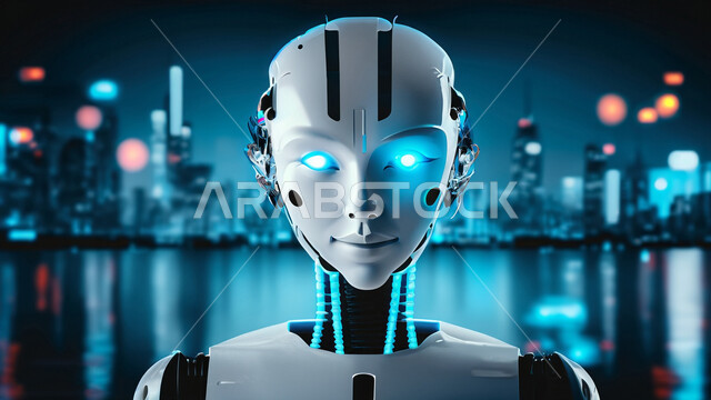 رجل آلي حديث ومتطور بتقنيات عالية، التطور التكنولوجي وتحقيق الثورة الصناعية، تصاميم ثلاثية الأبعاد للروبوتات المستقبلية, الابتكار والعلوم وتكنولوجيا الذكاء الاصطناعي, رؤية سعودية 2030، العمل بمخططات تقنية، خلفية الأبراج وناطحات السحاب