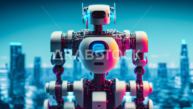 رجل آلي حديث ومتطور بتقنيات عالية، التطور التكنولوجي وتحقيق الثورة الصناعية، تصاميم ثلاثية الأبعاد للروبوتات المستقبلية, الابتكار والعلوم وتكنولوجيا الذكاء الاصطناعي, رؤية سعودية 2030، العمل بمخططات تقنية، خلفية الأبراج وناطحات السحاب