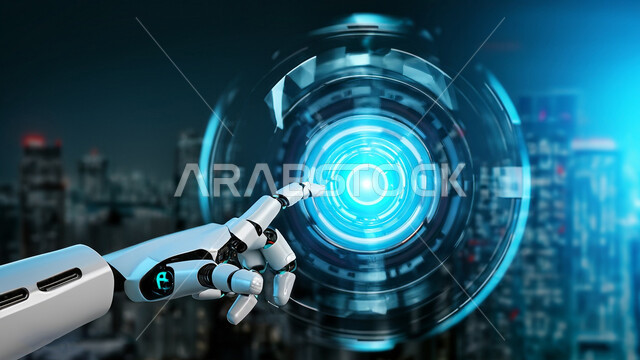 Three-dimensional designs for future robots, technological development and achieving the industrial revolution, innovation, science and artificial intelligence technology, Saudi Vision 2030, a close-up of the hand of a modern and advanced robot with high technologies, working with technical plans, the big data network and digital transformation