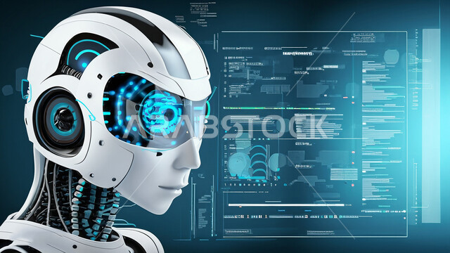  تصاميم ثلاثية الأبعاد للروبوتات المستقبلية, التطور التكنولوجي وتحقيق الثورة الصناعية، الابتكار والعلوم وتكنولوجيا الذكاء الاصطناعي, رؤية سعودية 2030، رجل آلي حديث ومتطور بتقنيات عالية، العمل بمخططات تقنية, شبكة البيانات الضخمة والتحول الرقمي