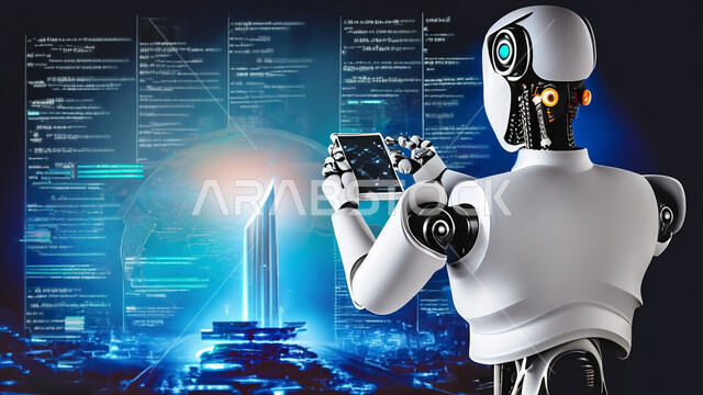 Three-dimensional designs for future robots, technological development and achieving the industrial revolution, innovation, science and artificial intelligence technology, Saudi Vision 2030, a modern and advanced robot with high technologies, working with technical plans, the big data network and digital transformation