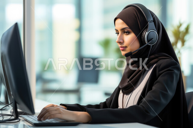 إجراء المكالمات والرد على العملاء، إدارة شؤون الأعمال وتنظيمها, النقر والتفاعل مع لوحة المفاتيح, التفكير في استراتيجيات وأهداف العمل، صورة مقربة من الجانب لموظفة عربية سعودية محجبة تعمل على جهاز اللابتوب في المكتب ضمن مقر الشركة، إيماءات التركيز والتمعن