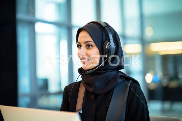 إدارة شؤون الأعمال وتنظيمها, إجراء المكالمات والرد على العملاء، التفكير في استراتيجيات وأهداف العمل، صورة مقربة من الجانب لموظفة عربية سعودية محجبة تعمل على جهاز اللابتوب في المكتب ضمن مقر الشركة، إيماءات التركيز والتمعن
