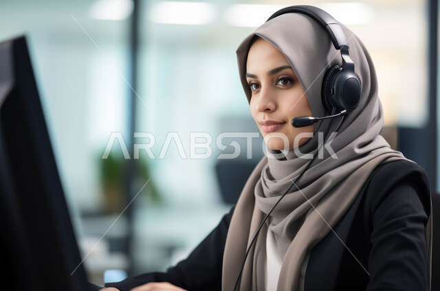 إدارة شؤون الأعمال وتنظيمها, إجراء المكالمات والرد على العملاء، التفكير في استراتيجيات وأهداف العمل، صورة مقربة من الجانب لموظفة عربية سعودية محجبة تعمل على جهاز اللابتوب في المكتب ضمن مقر الشركة، إيماءات التركيز والتمعن