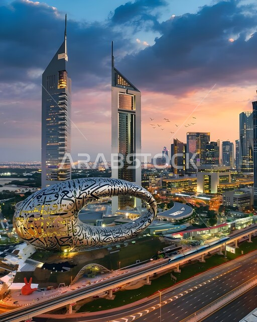 متحف المستقبل في مدينة دبي في الإمارات العربيه المتحده, رؤيه مستقبيله إماراتية, تصميم هندسي معماري حديث، معالم وأماكن سياحية مشهورة، الأبراج الشاهقة وناطحات السحاب، منظر السماء المليئة بالغيوم في وقت الغروب
