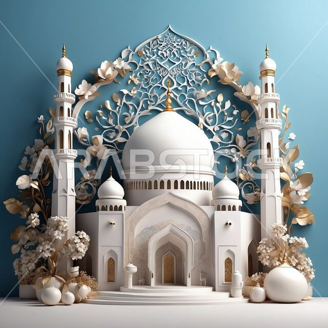 Decorations for holidays and religious occasions, 3D models of white mosques, the arrival of the month of goodness, Islamic matters and worship, 3D Islamic decorations, blue background