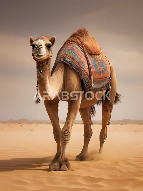  استخدام الحيوانات للتنقل من مكان الى اخر في البادية، تربية المواشي في المحميات الطبيعيه, الكثبان الرملية في المناطق الصحراوية في المملكة العربية السعودية، حيوان الإبل يمشي على الرمال الذهبية الناعمة في الصحراء في وضح النهار