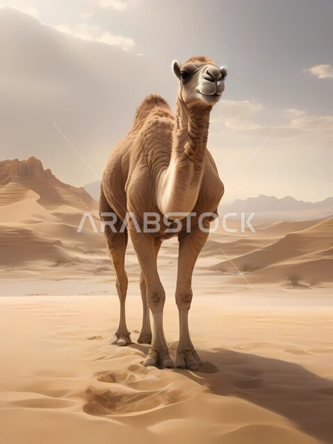  استخدام الحيوانات للتنقل من مكان الى اخر في البادية، تربية المواشي في المحميات الطبيعيه, الكثبان الرملية في المناطق الصحراوية في المملكة العربية السعودية، حيوان الإبل يمشي على الرمال الذهبية الناعمة في الصحراء في وضح النهار