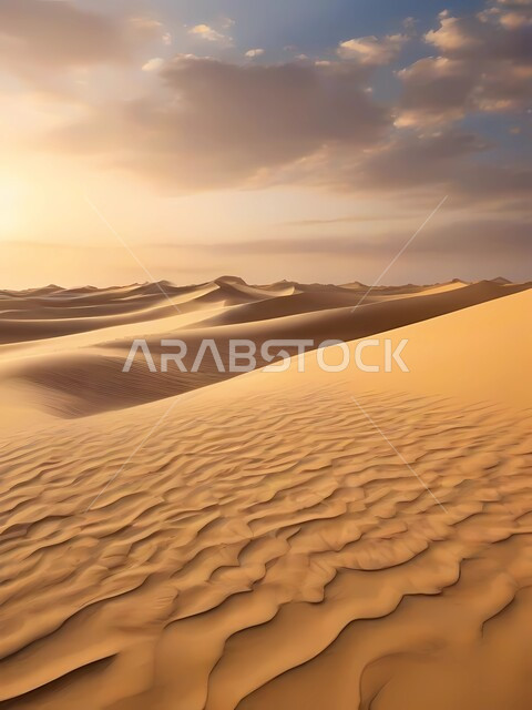 منظر الغيوم في السماء الزرقاء، التلال والكثبان الرملية في وقت النهار، التضاريس الطبيعيه في صحراء المملكة العربية السعودية، الرمال الناعمة الذهبية، أماكن سياحية مشهورة، خلفية الطبيعه الصحراوية