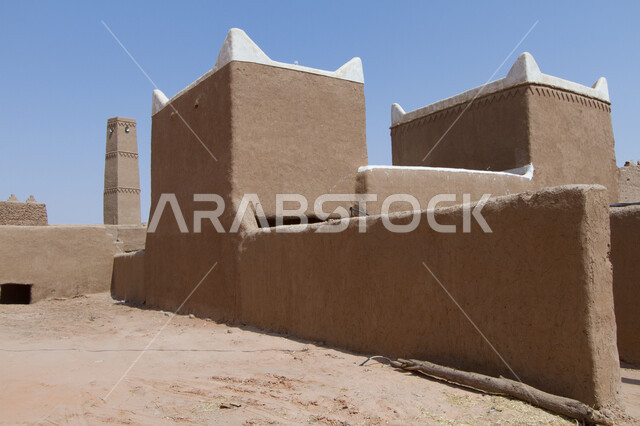 The ancient historical mud buildings in the village of Ushaiqar in Riyadh, a close-up of one of the heritage houses from different parts of the Kingdom of Saudi Arabia, archaeological and cultural tourist places, distinctive landmarks and places to attract and attract tourists from the world