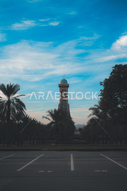 Famous cultural landmarks and places, arts and architectural designs in the Islamic style of the prestigious Sultan Qaboos Government University in the state of Seeb, the horizon of higher university education and future challenges in the Sultanate of Oman, building educated generations in educational facilities.