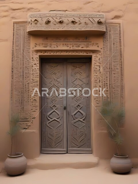 Historical villages and cities, ancient Arab architectural design of ancient antique wooden doors decorated with carvings and decorations in the Islamic style, a wooden door to a mud house, heritage places in the Kingdom of Saudi Arabia