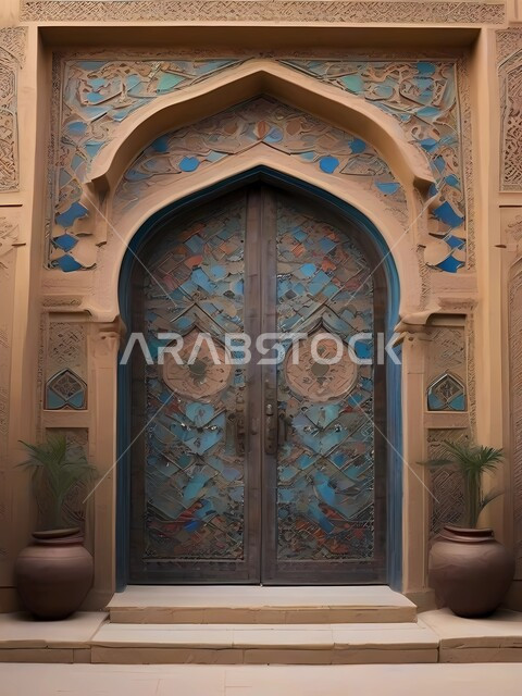 Historical villages and cities, ancient Arab architectural design of ancient antique wooden doors decorated with carvings and decorations in the Islamic style, a wooden door to a mud house, heritage places in the Kingdom of Saudi Arabia