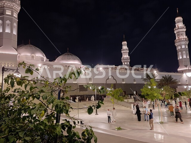  الأشجار الخضراء في الساحة الخارجية للمسجد النبوي الشريف في المدينة المنورة في وقت الليل، العبادة والتقرب الى الله، الفن الهندسي المعماري للحرم النبوي الشريف، أماكن ومعالم إسلامية دينية مقدسة في المملكة العربية السعودية
