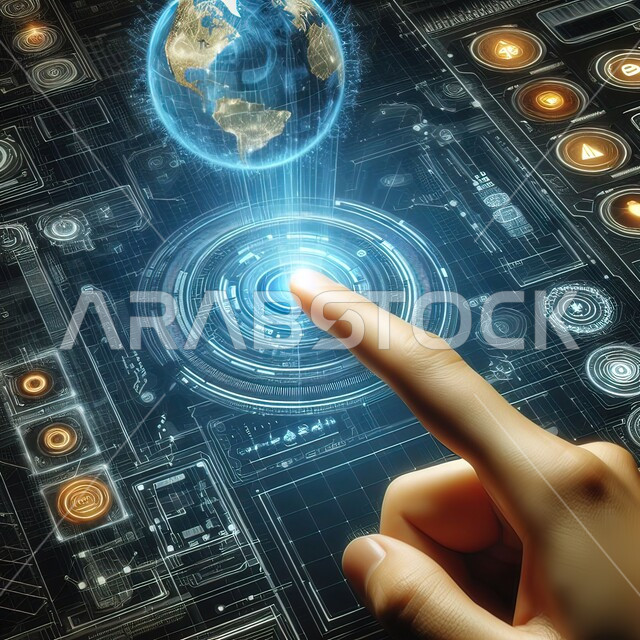 مفهوم تكنولوجيا الأعمال المتعلقة بالأمن السيبراني وحماية المعلومات، صورة مقربة لزر ضغط اليد البشرية على الشاشة الافتراضية، بناء المواقع والتطبيقات الالكترونية ، حماية الحاسوب و أمن تكنولوجيا المعلومات