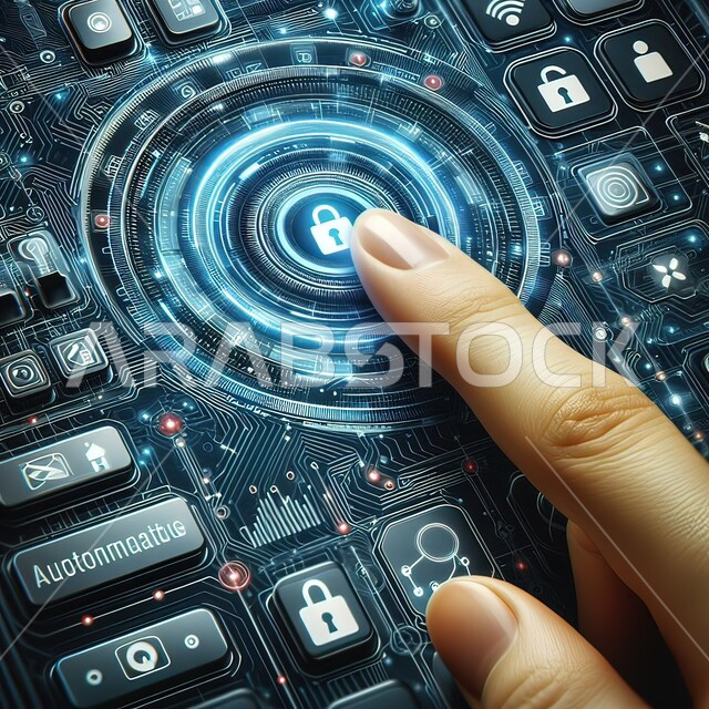 Building websites and electronic applications, computer protection and IT security, business technology concept related to cybersecurity and information protection, a close-up image of a human hand push button on a virtual screen