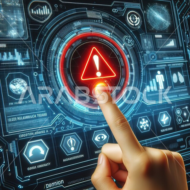 حماية الحاسوب و أمن تكنولوجيا المعلومات، الضغط بالإصبع على أيقونة علامة التعجب المتوهجة عالية التقنية على الشاشة الافتراضية، مفهوم تكنولوجيا الأعمال المتعلقة بالأمن السيبراني وحماية المعلومات، بناء المواقع والتطبيقات الالكترونية
