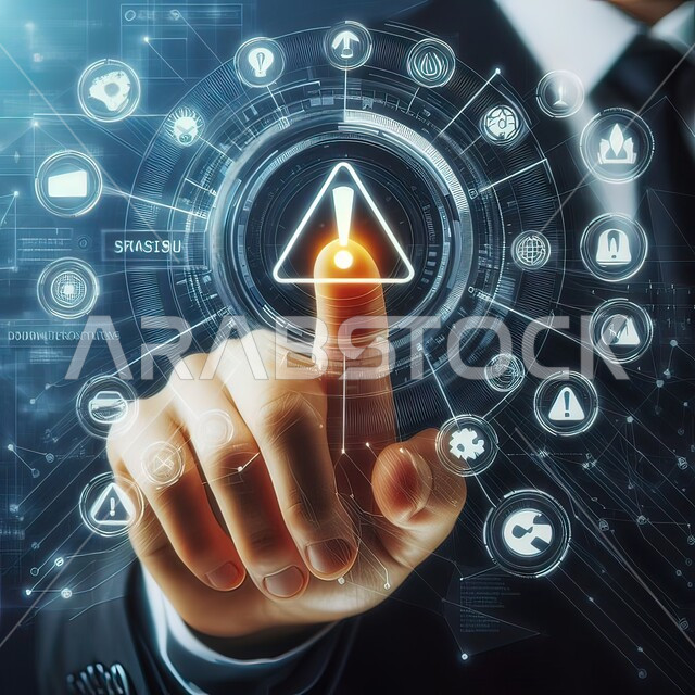 الضغط بالإصبع على أيقونة علامة التعجب المتوهجة عالية التقنية على الشاشة الافتراضية، مفهوم تكنولوجيا الأعمال المتعلقة بالأمن السيبراني وحماية المعلومات، بناء المواقع والتطبيقات الالكترونية، حماية الحاسوب و أمن تكنولوجيا المعلومات