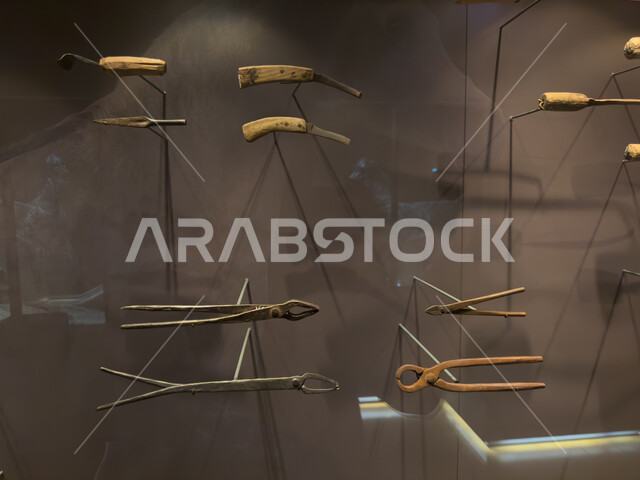 Displaying rare tools and equipment used in the past, the history of the first Saudi state, Diriyah museums at Al-Bujairi overlook in the Al-Turaif district, the historical heritage village in the city of Riyadh, a famous historical cultural tourist attraction, the historic Salwa Palace Museum.