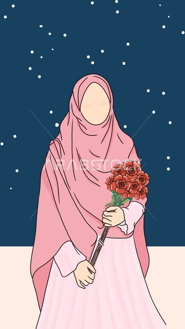 مفهوم حب الطبيعه, تقديم الورود الحمراء, صورة كرتونية لفتاة عربيه خليجيه سعودية محجبة تحمل بيدها باقة من ازهار الجوري,  خلفية زرقاء مزخرفه