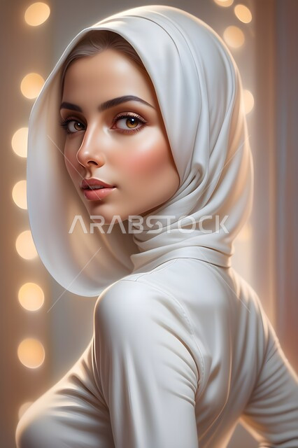 أزياء مسلمات محجبات، النظر إلى الكاميرا بإيماءات الثقة بالنفس، ملابس وحجابات نسائية بتصاميم عصريه مميزة وراقية، مفهوم الأنوثة والنعومة والاهتمام بالمظهر الخارجي، صورة مقربة لامرأة عربية خليجية سعودية ترتدي الحجاب والعباءة البيضاء .