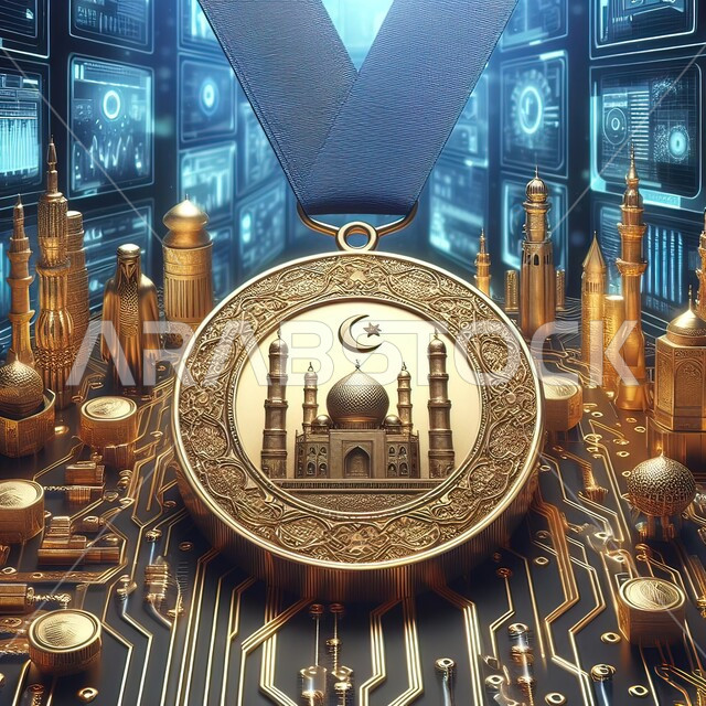 مساجد اسلامية من الذهب، مجسمات ذهبيه ثلاثية الابعاد لرجال عرب سعوديين خليجيين،  ميدالية بصورة جامع على خلفية الدائرة الالكترونية