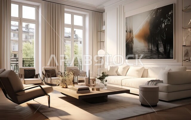 تصميم داخلي حديث لشقة سكنية، التصميم المعماري الهندسي لغرفة معيشة بأثاث منزلي راقي، اختيار الألوان المناسبة والتنسيق بين الأثاث والإكسسوارات، استخدام المفروشات ذو التصاميم العصرية والوظيفية