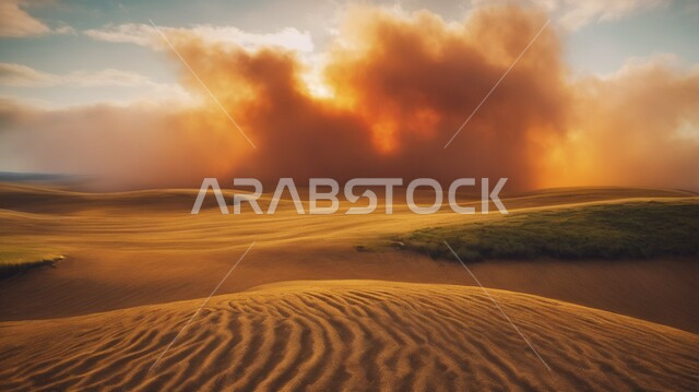 الاسترخاء والتواصل مع البيئة والطبيعية الفريدة، استكشاف التلال الصحراوية، منظر الرمال الذهبية المنتشرة في الهواء، مفهوم السياحة والسفر، اكتشاف الثقافة المحلية والتعرف على الحياة البدوية