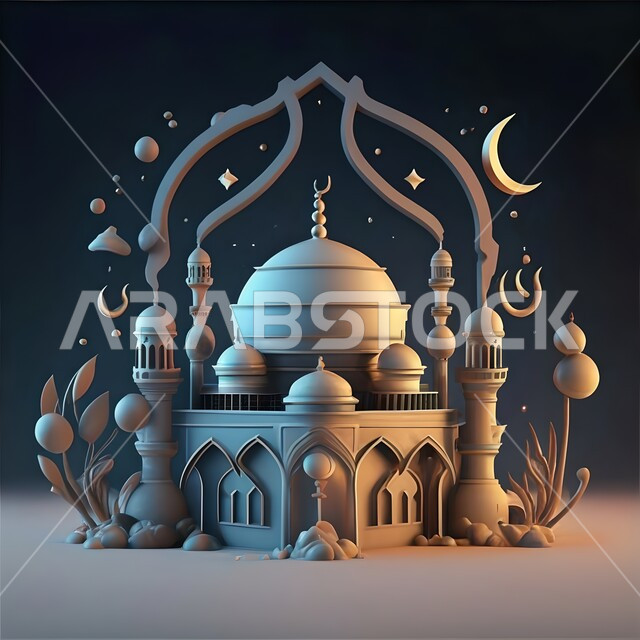 Worship and drawing closer to God, an illustration of a three-dimensional mosque model, Islamic designs and models, architectural engineering art of an ancient Islamic mosque in white, black background