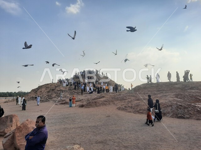 الطيور تحلق في سماء الجبال والمرتفعات الجبلية في وقت النهار, الأجواء والمشاعر الروحانية, أماكن اسلامية مقدسة مشهورة, تجمع المسلمين من شتى أنحاء العالم في جبل أحد في المدينة المنورة, معالم ومزارات دينية سياحية في المملكة العربية السعودية