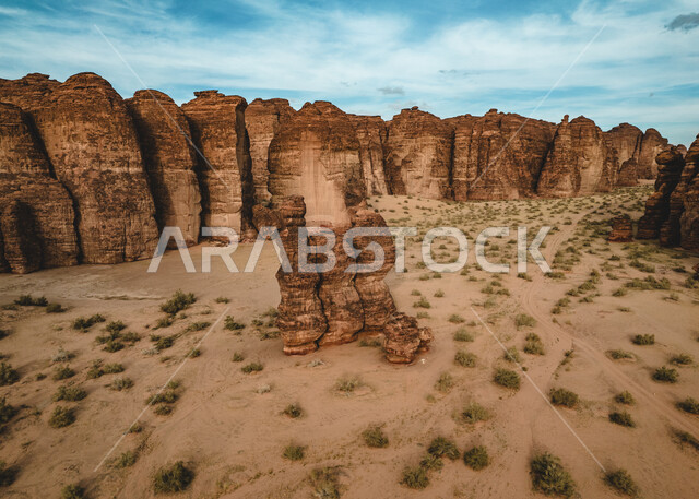 Desert natural reserves, rock formations in Al-Ula Governorate, a picture from above of the Sharaan Reserve in the Kingdom of Saudi Arabia, desert areas, mountains and highlands, ancient historical monuments, famous tourist places in the desert