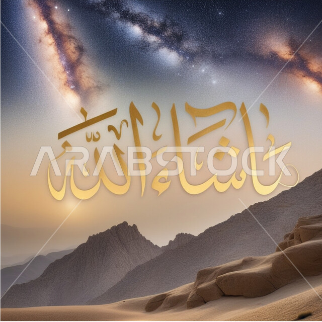 ما شاء الله, صورة مقربة لقالب تصميم إسلامي, مخطوطة ماشاء الله بالخط العربي , مخطوطات عربية اسلامية , لوحات جداريه متميزة, زخارف دينية ملونة, فنون وتشكيلات خطية, خلفيات الطبيعة الصحراوية .